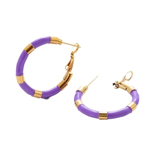 Minimalist C-shaped titanium steel hoop earrings with purple enamel and gold plating finish