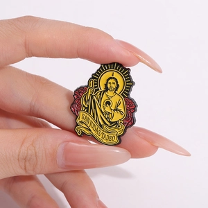 Religious San Judas Tadeo enamel brooch with red roses and yellow outfit for clothing
