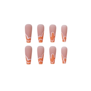 Matte nude pink long coffin press-on nails with orange and white wave patterns