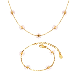 Elegant 18K gold-plated stainless steel jewelry set with pearl flower necklace and bracelet