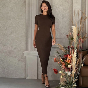 Maxi Dress Ribbed Knit Slim Fit Round Neck Short Sleeve Lace-up Back Elegant Solid Color Casual For Women