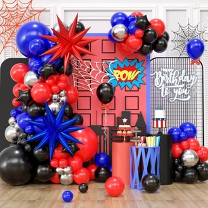 Superhero party decoration set with multi-color latex balloons and city skyline backdrop