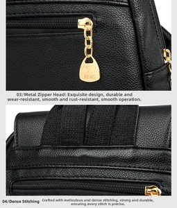 Detail of golden kangaroo logo zipper and reinforced stitching on black litchi leather bag