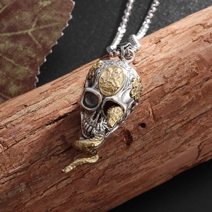 Skull and snake pendant necklace with floral engravings on vintage wood background