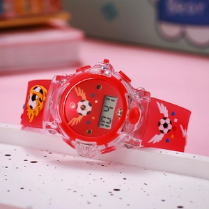 Close-up of red soccer themed children watch with relief football patterns on strap