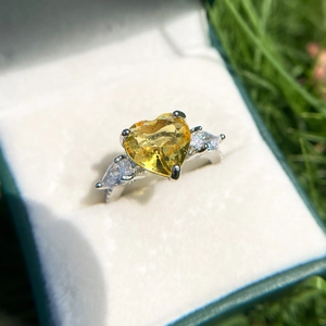 Heart Shaped Cubic Zirconia Ring Adjustable Copper Silver Plated Elegant Jewelry For Women Romantic Gift Yellow Stone
