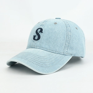 Light blue washed denim baseball cap with navy blue S letter embroidery and wide brim