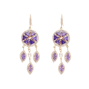 Vintage gold earrings with purple zircon crystals in a geometric tassel drop design