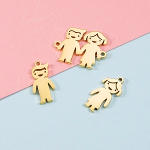 Three gold cartoon boy and girl mirror titanium steel pendants for DIY couple jewelry