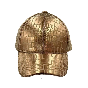 Metallic bronze baseball cap with faux crocodile skin texture and polished snakeskin pattern