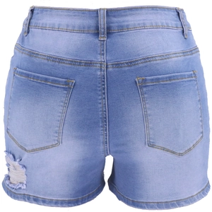 Light blue high waisted distressed denim shorts with ripped details and a lift fit effect