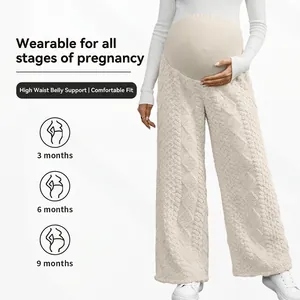 Thick cable knit maternity lounge pants with elastic belly support for winter wear