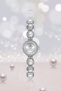 Close-up of elegant pearl bracelet watch with silver case and quartz dial detail