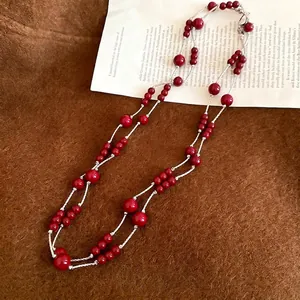 Double-layered beaded long necklace with vintage red beads and silver chain for women