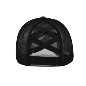 Black mesh baseball cap for women with high ponytail elastic criss-cross back design