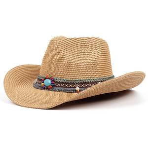 Beige linen Panama sun hat with ethnic beaded band and gray tassels for summer