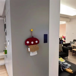 Wall-mounted mushroom shaped tissue storage bag with cute red and brown felt design