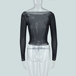 Rear view of black long sleeve sheer mesh top showing fabric texture and back cut