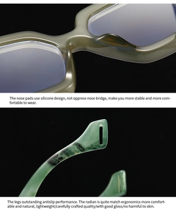 Detail of ergonomic silicone nose pads and anti-slip temples on light green frames