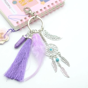 Dreamcatcher Keychain With Natural Feather Satin Tassel Turquoise Crystal Stone Bohemian Vintage Bag Pendant Ornament For Women
