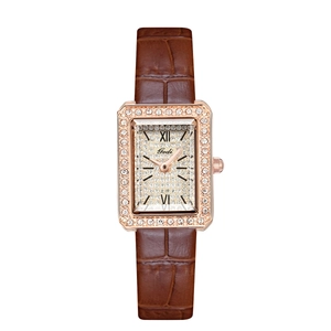 Orologio donna rettangolare oro rosa con lunetta diamantata e cinturino in pelle marrone
