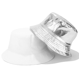 Foldable canvas bucket hat set in matte white and shiny metallic silver for men and women