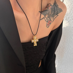 18k gold plated titanium steel cross necklace with crystal on black leather cord