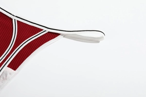 Macro detail of red ribbed cotton fabric and elastic waistband on women thong