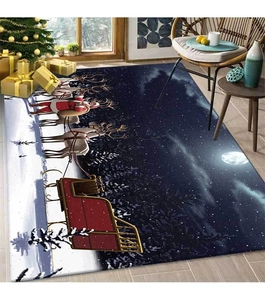 Detail of Christmas rug showing Santa in a reindeer sleigh over a snowy night scene