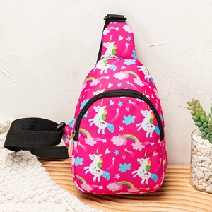 Close-up of pink kids unicorn crossbody bag with adjustable strap and metal zipper detail