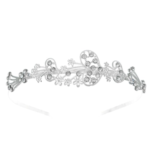 Detailed macro of silver rhinestone crown featuring floral and butterfly metal patterns
