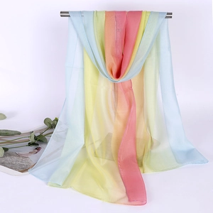 Macro shot of lightweight gradient rainbow chiffon scarf showing sheer texture and fabric