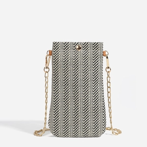 Women's woven straw crossbody phone bag with herringbone pattern and gold chain strap