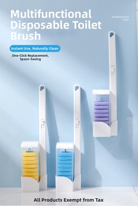 Close-up of disposable toilet brush set with wall-mounted base and multi-colored sponge heads