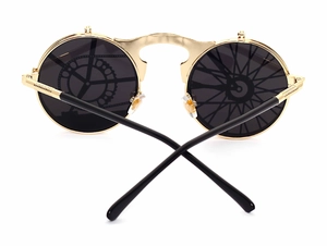 Steampunk flip-up sunglasses detail with mechanical gear patterns on the inner lens