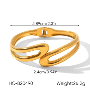 Detailed view of gold stainless steel bangle showing 2.31in diameter and hinge detail