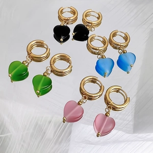 French luxury 18K gold plated heart earrings with colorful cat eye stone in four colors