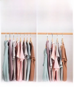 Before and after comparison of space-saving plastic hanger connector hooks for vertical stacking