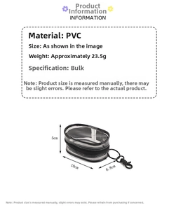 Detailed size view of clear PVC display pouch with black zipper and dimensions