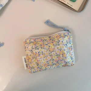 Floral print cotton mini pouch with zipper and blue hand strap for small items