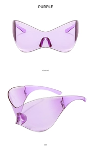 Front and side views of purple Y2K futuristic wrap-around sports sunglasses with oversized frame