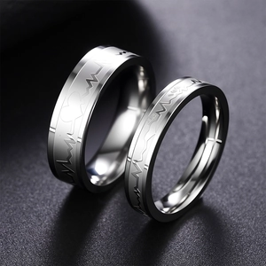 Polished stainless steel couple rings with heartbeat wave pattern for lovers
