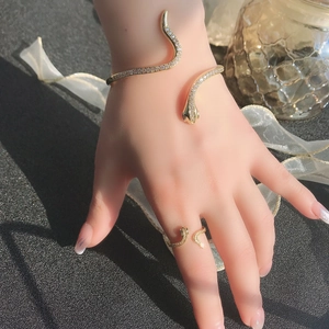 Retro gold snake-shaped bracelet and ring set with micro-set zircon stones for women