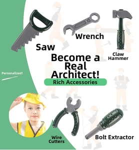 Close-up of 5-piece green toy construction tool set including saw, wrench, and hammer