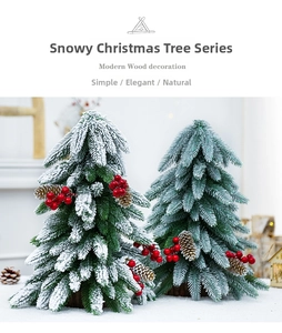 Mini snowy Christmas trees with pine cones and red berries on a rustic wooden base