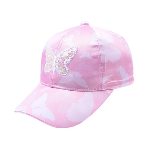 Pink satin baseball cap for girls featuring sequin butterfly embroidery and floral prints