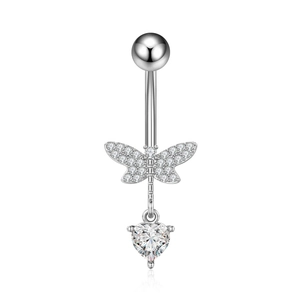 Detail of silver belly ring featuring a zircon butterfly and hanging heart-shaped crystal