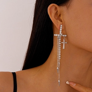 Silver cross earrings with sparkling rhinestones and long tassel drop chain for women