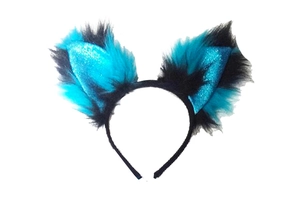 Detail showing blue and black plush faux fur fox ears headband with blue sequin inserts