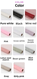 Detail view of 11 multi-color tulle fabric rolls with gold star prints for flower wrapping